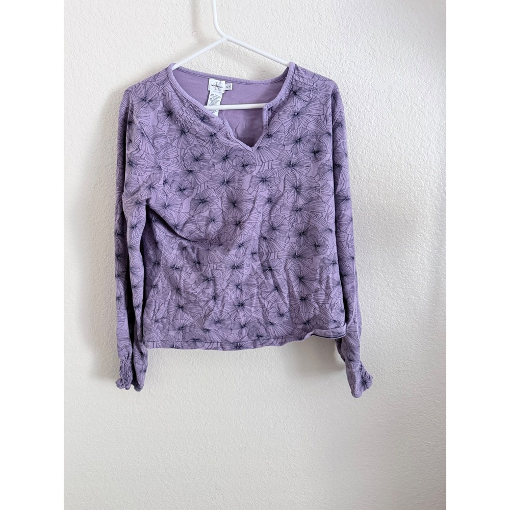 Calvin Klein Jeans Purple Floral Split Neck Top Smocked Cuff XL